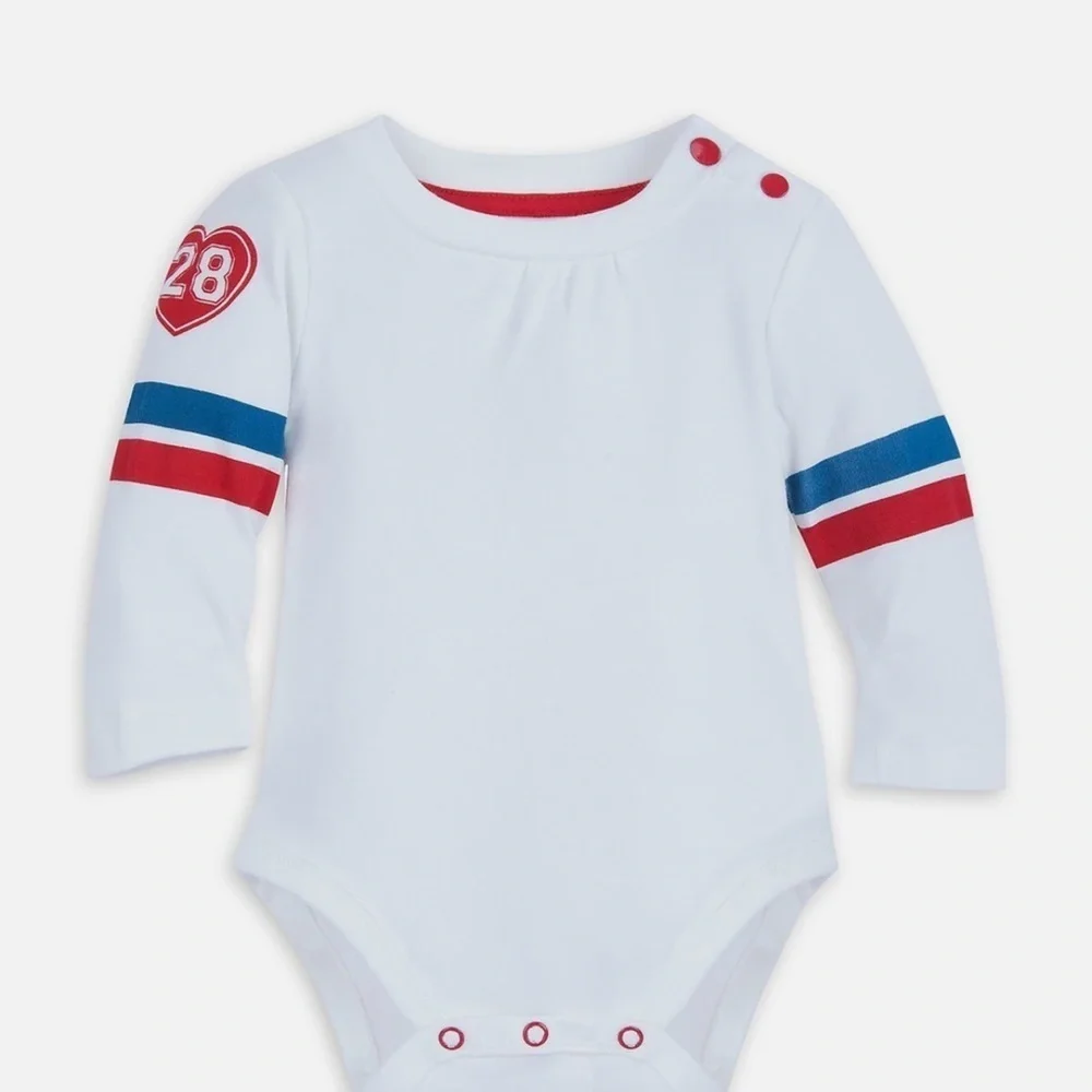 White Long Sleeve Baby Onesie with Red and Blue Accents